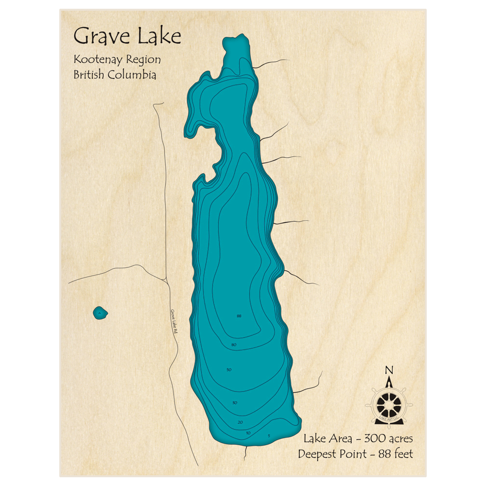 Bathymetric topo map of Grave Lake with roads, towns and depths noted in blue water
