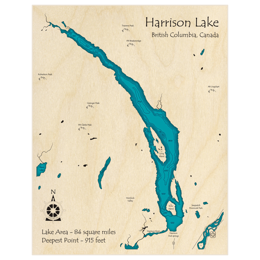 Bathymetric topo map of Harrison Lake with roads, towns and depths noted in blue water