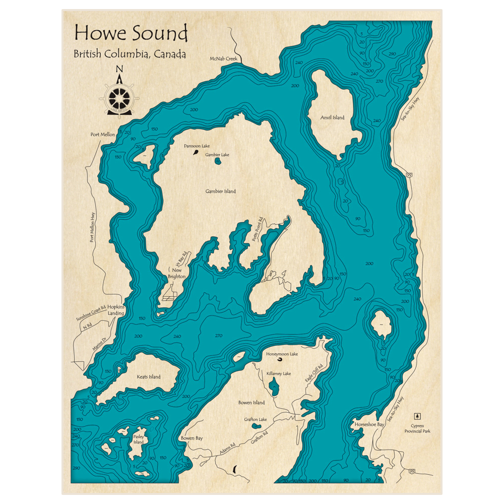 Bathymetric topo map of Howe Sound and Gambier Island with roads, towns and depths noted in blue water
