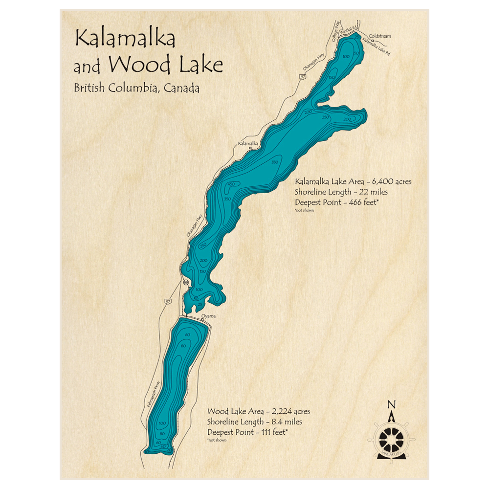 Bathymetric topo map of Kalamalka Lake and Wood Lake with roads, towns and depths noted in blue water