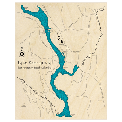 Bathymetric topo map of Lake Koocanusa (ZOOMED IN between Baily Bridge and Gold Bay) with roads, towns and depths noted in blue water
