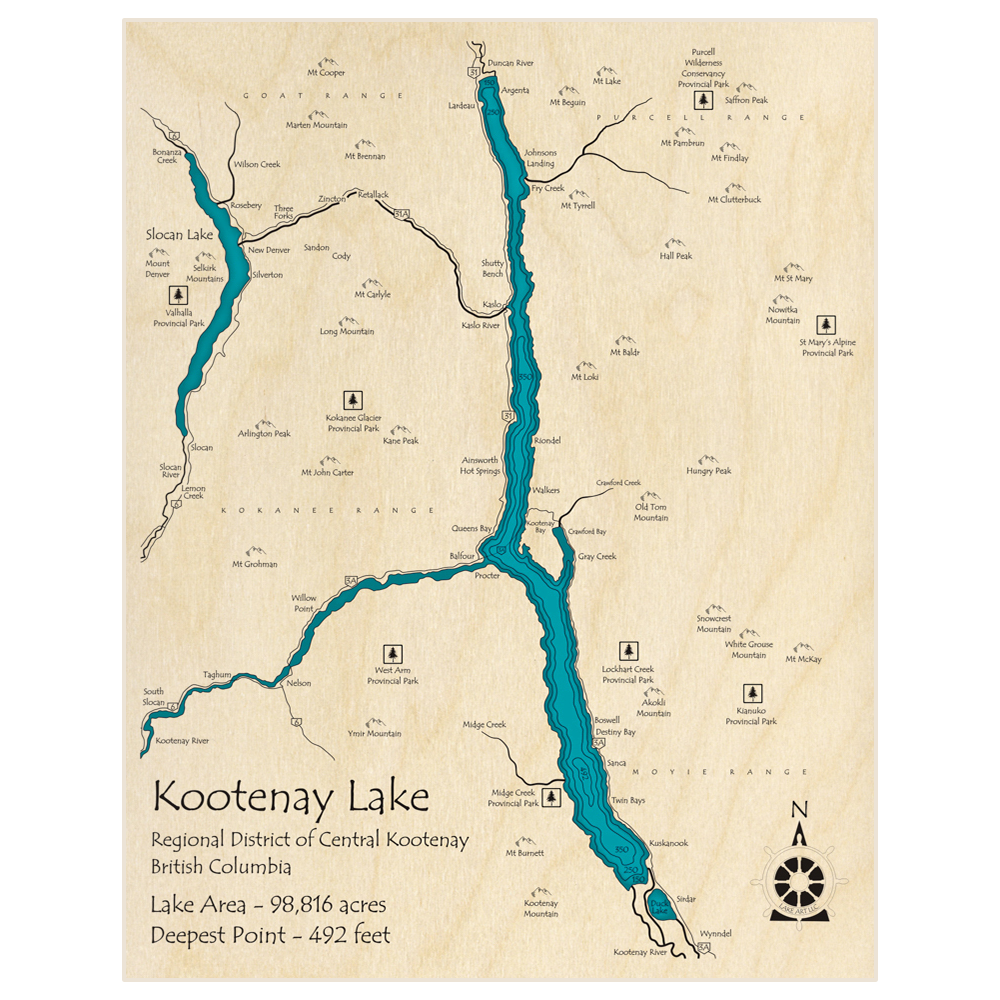 Bathymetric topo map of Kootenay Lake with roads, towns and depths noted in blue water