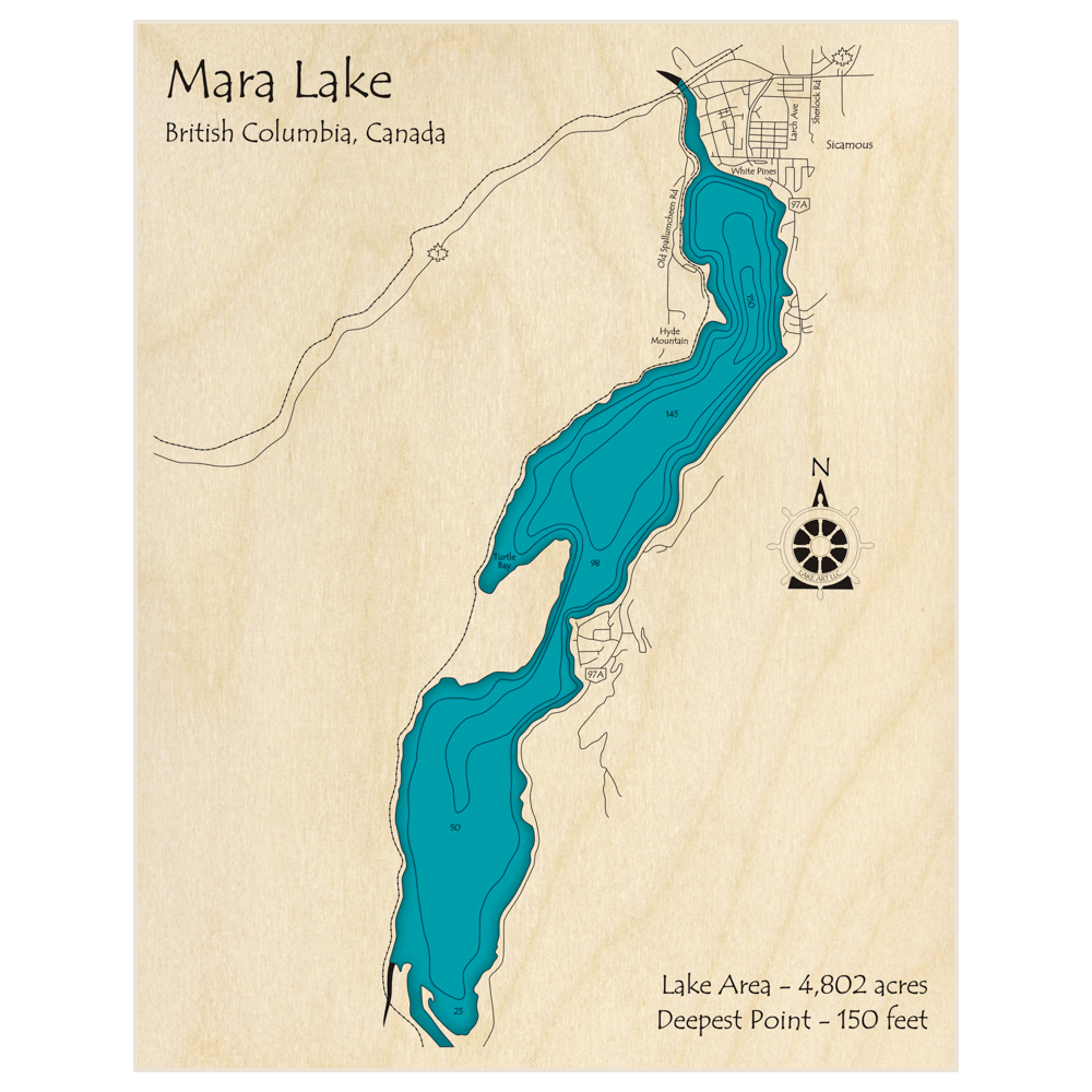 Bathymetric topo map of Mara Lake with roads, towns and depths noted in blue water
