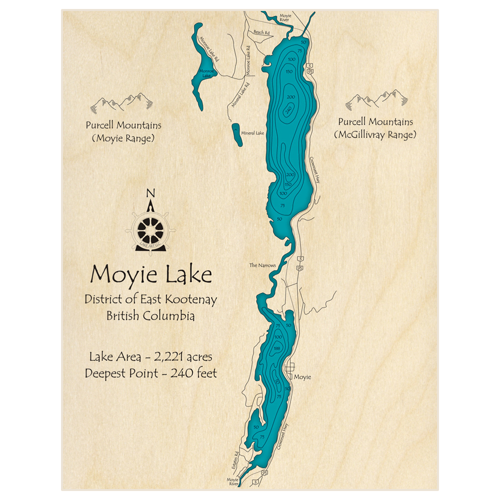 Bathymetric topo map of Moyie Lake with roads, towns and depths noted in blue water