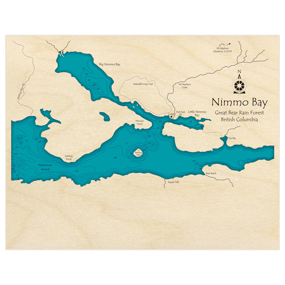 Bathymetric topo map of Nimmo Bay with roads, towns and depths noted in blue water