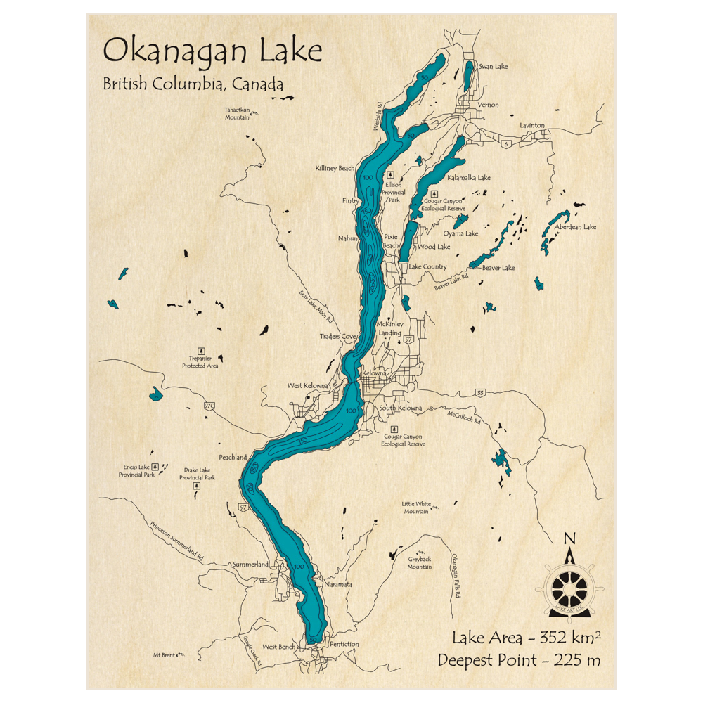 Bathymetric topo map of Okanagan Lake with roads, towns and depths noted in blue water