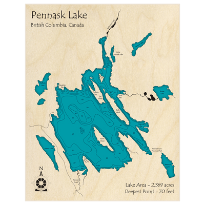 Bathymetric topo map of Pennask Lake with roads, towns and depths noted in blue water