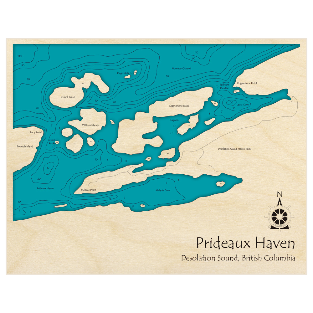 Bathymetric topo map of Prideaux Haven (at Copplestone Island) with roads, towns and depths noted in blue water