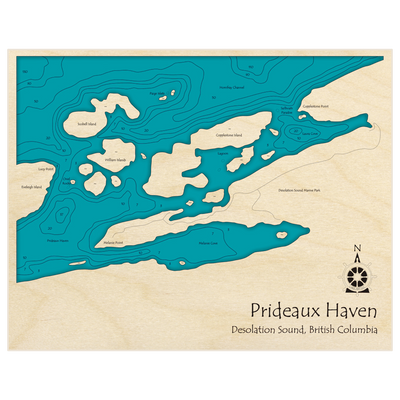 Bathymetric topo map of Prideaux Haven (at Copplestone Island) with roads, towns and depths noted in blue water