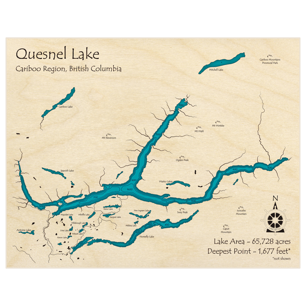 Bathymetric topo map of Quesnel Lake with roads, towns and depths noted in blue water