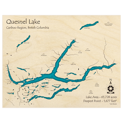 Bathymetric topo map of Quesnel Lake with roads, towns and depths noted in blue water