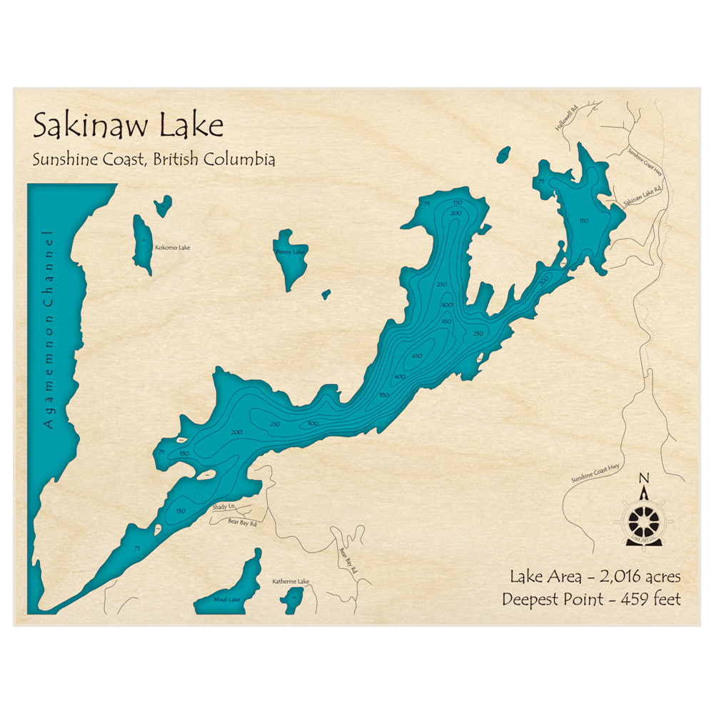 Bathymetric topo map of Sakinaw Lake with roads, towns and depths noted in blue water