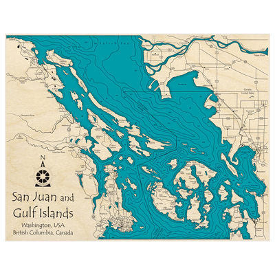 Bathymetric topo map of San Juan and Gulf Islands (Extended to show Gabriola Island) with roads, towns and depths noted in blue water
