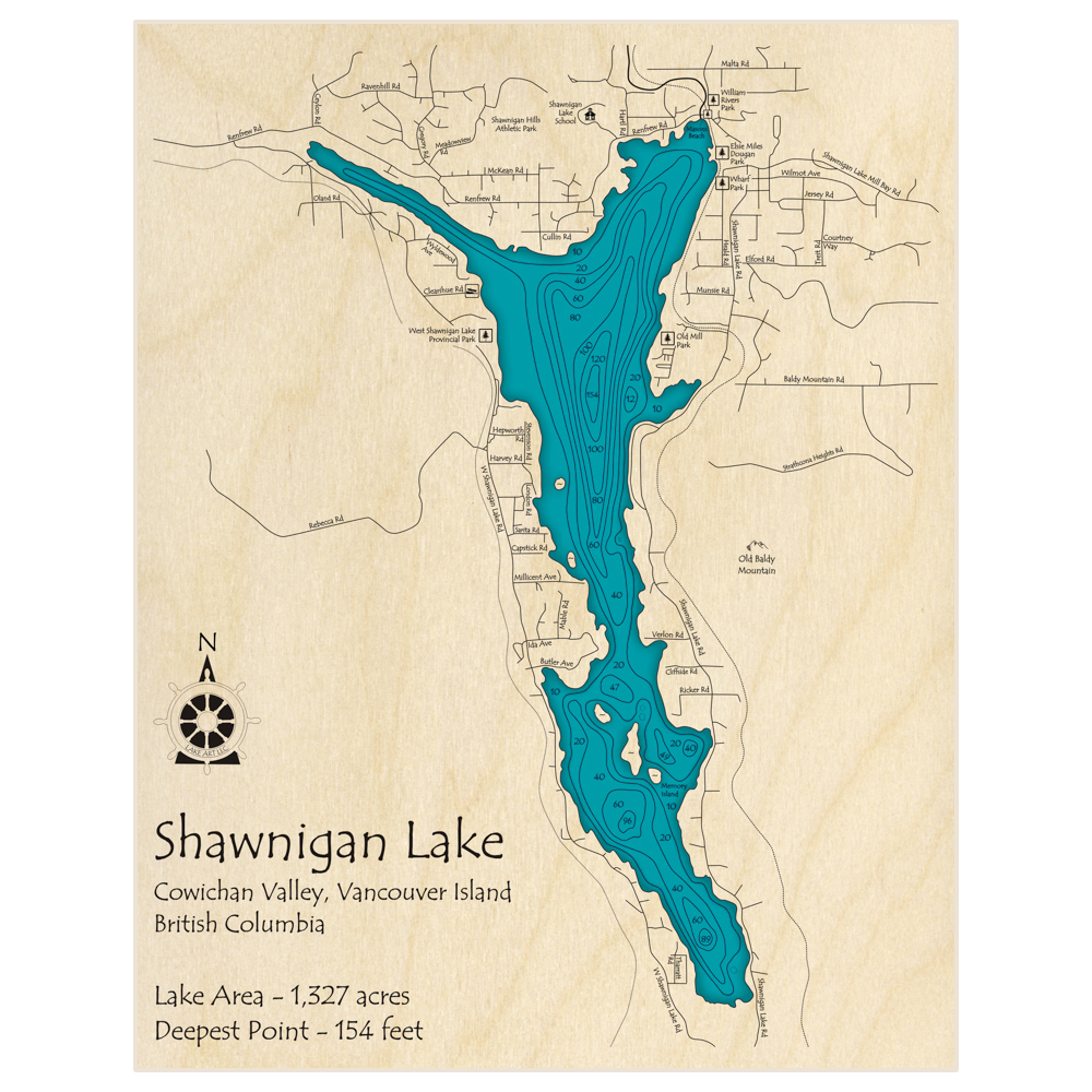 Bathymetric topo map of Shawnigan Lake with roads, towns and depths noted in blue water