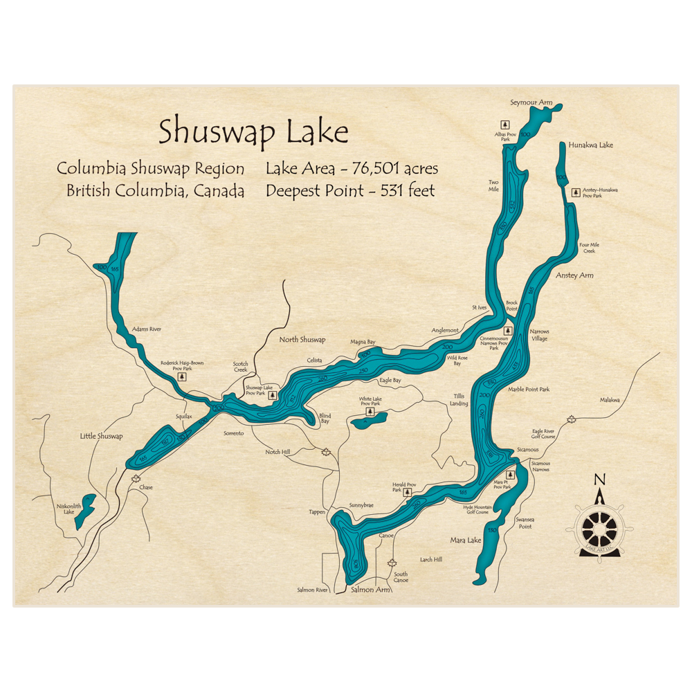 Bathymetric topo map of Shuswap Lake (in Feet) with roads, towns and depths noted in blue water