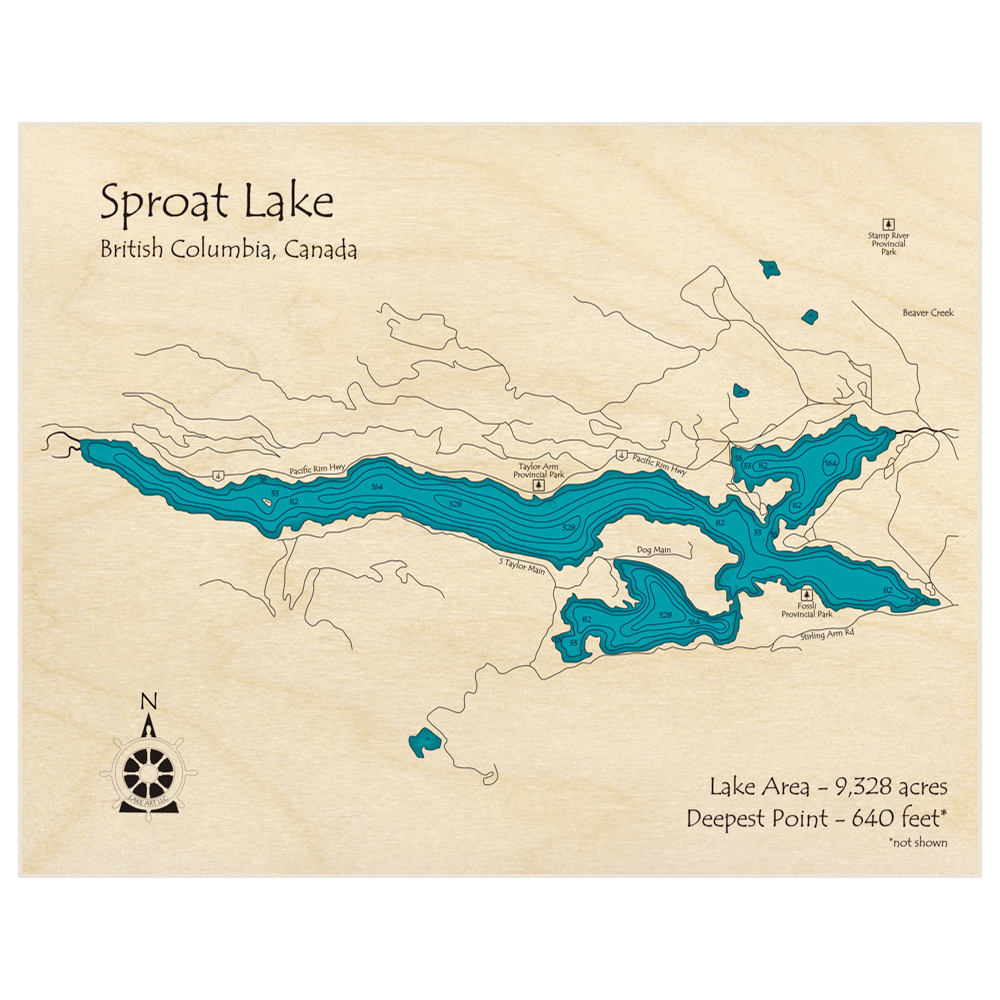 Bathymetric topo map of Sproat Lake with roads, towns and depths noted in blue water