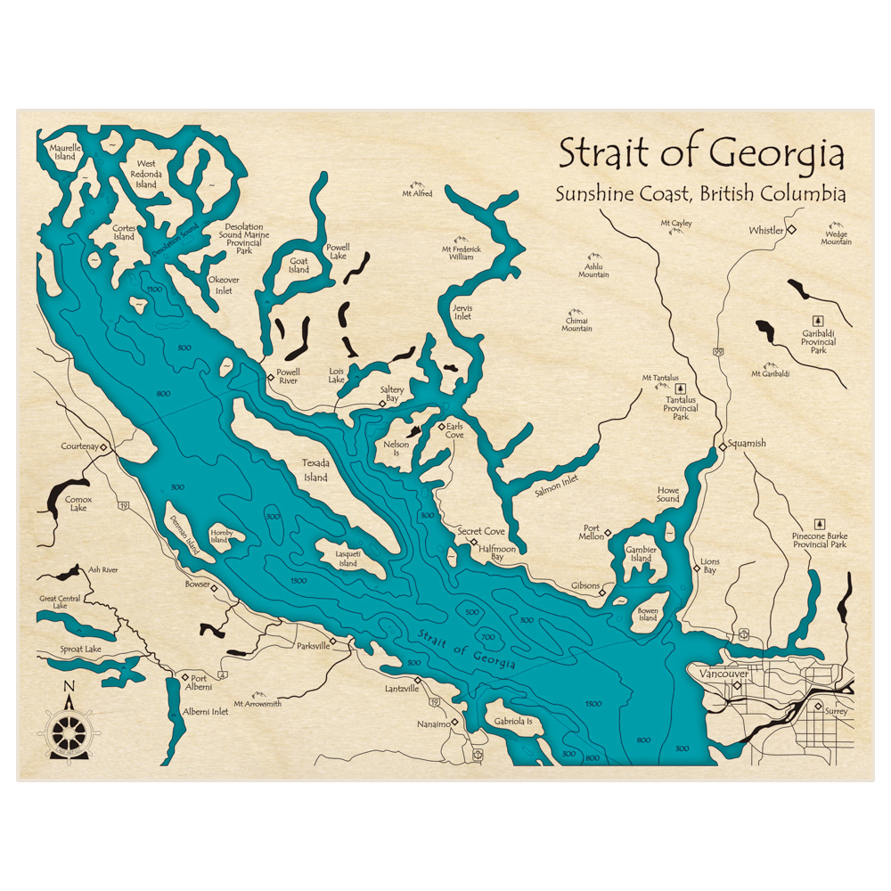 Bathymetric topo map of Strait of Georgia (from Cortes Island to Vancouver) with roads, towns and depths noted in blue water