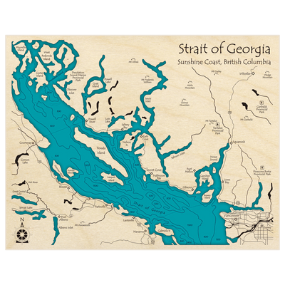 Bathymetric topo map of Strait of Georgia (from Cortes Island to Vancouver) with roads, towns and depths noted in blue water