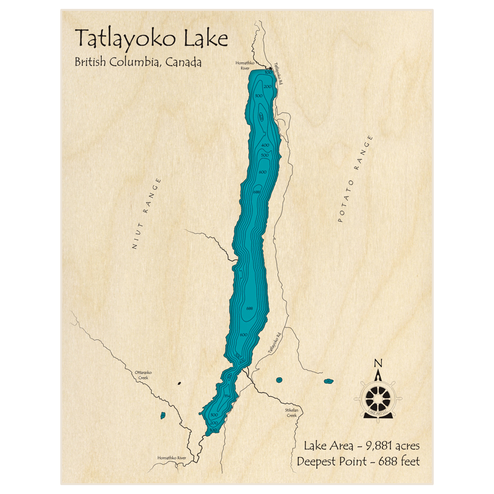 Bathymetric topo map of Tatlayoko Lake with roads, towns and depths noted in blue water
