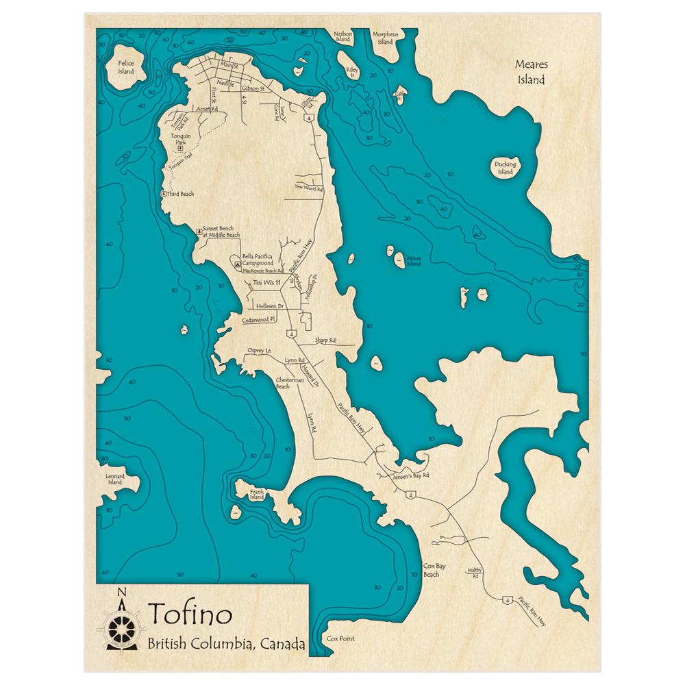 Bathymetric topo map of Tofino with roads, towns and depths noted in blue water