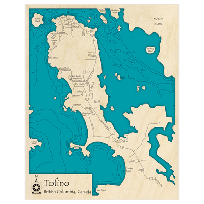 Bathymetric topo map of Tofino with roads, towns and depths noted in blue water
