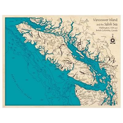 Bathymetric topo map of Vancouver Island and Puget Sound (Salish Sea Extended) with roads, towns and depths noted in blue water