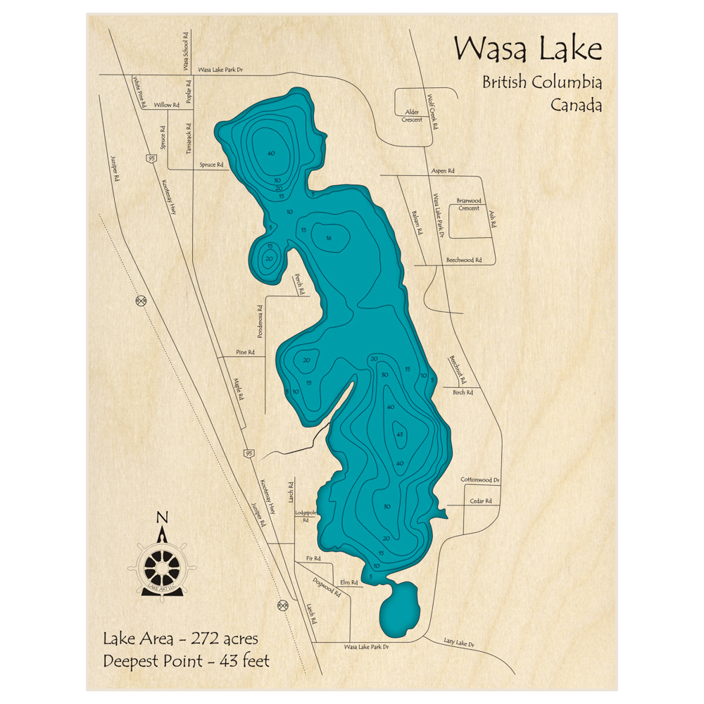 Bathymetric topo map of Wasa Lake with roads, towns and depths noted in blue water