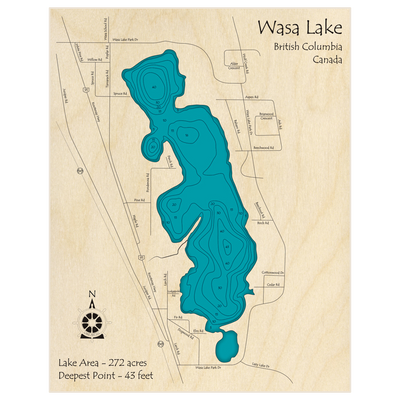Bathymetric topo map of Wasa Lake with roads, towns and depths noted in blue water