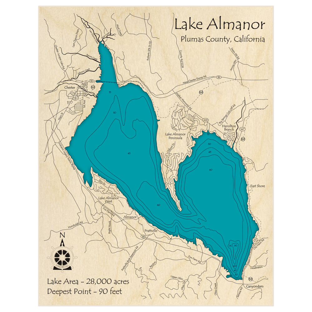 Bathymetric topo map of Lake Almanor with roads, towns and depths noted in blue water