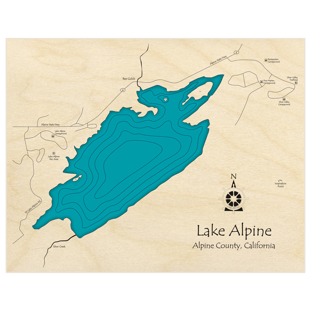 Bathymetric topo map of Lake Alpine  with roads, towns and depths noted in blue water
