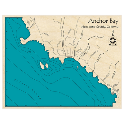 Bathymetric topo map of Anchor Bay with roads, towns and depths noted in blue water