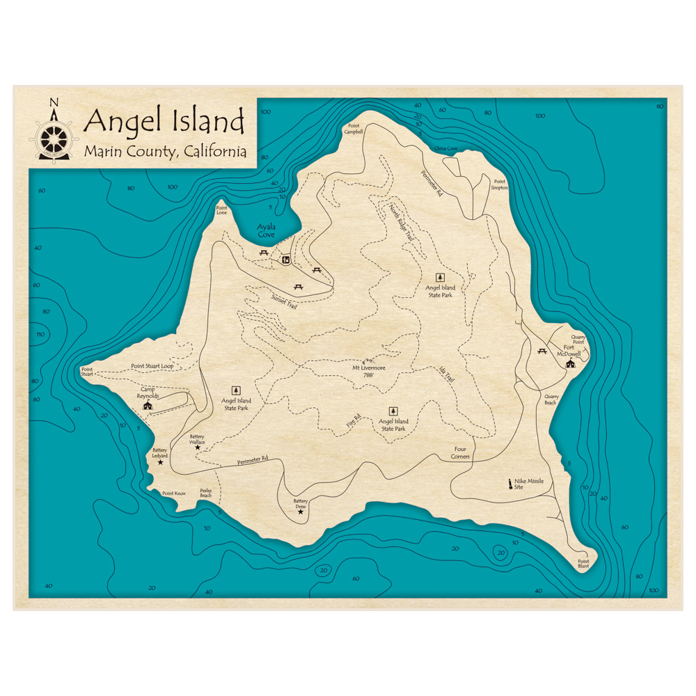 Bathymetric topo map of Angel Island with roads, towns and depths noted in blue water