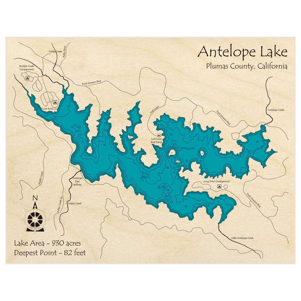 Bathymetric topo map of Antelope Lake with roads, towns and depths noted in blue water