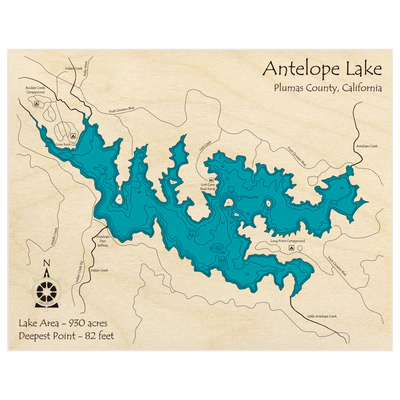 Bathymetric topo map of Antelope Lake with roads, towns and depths noted in blue water
