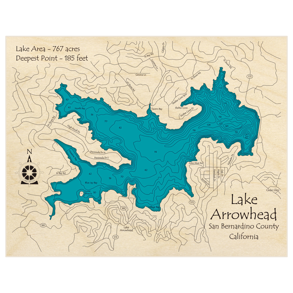 Bathymetric topo map of Lake Arrowhead with roads, towns and depths noted in blue water