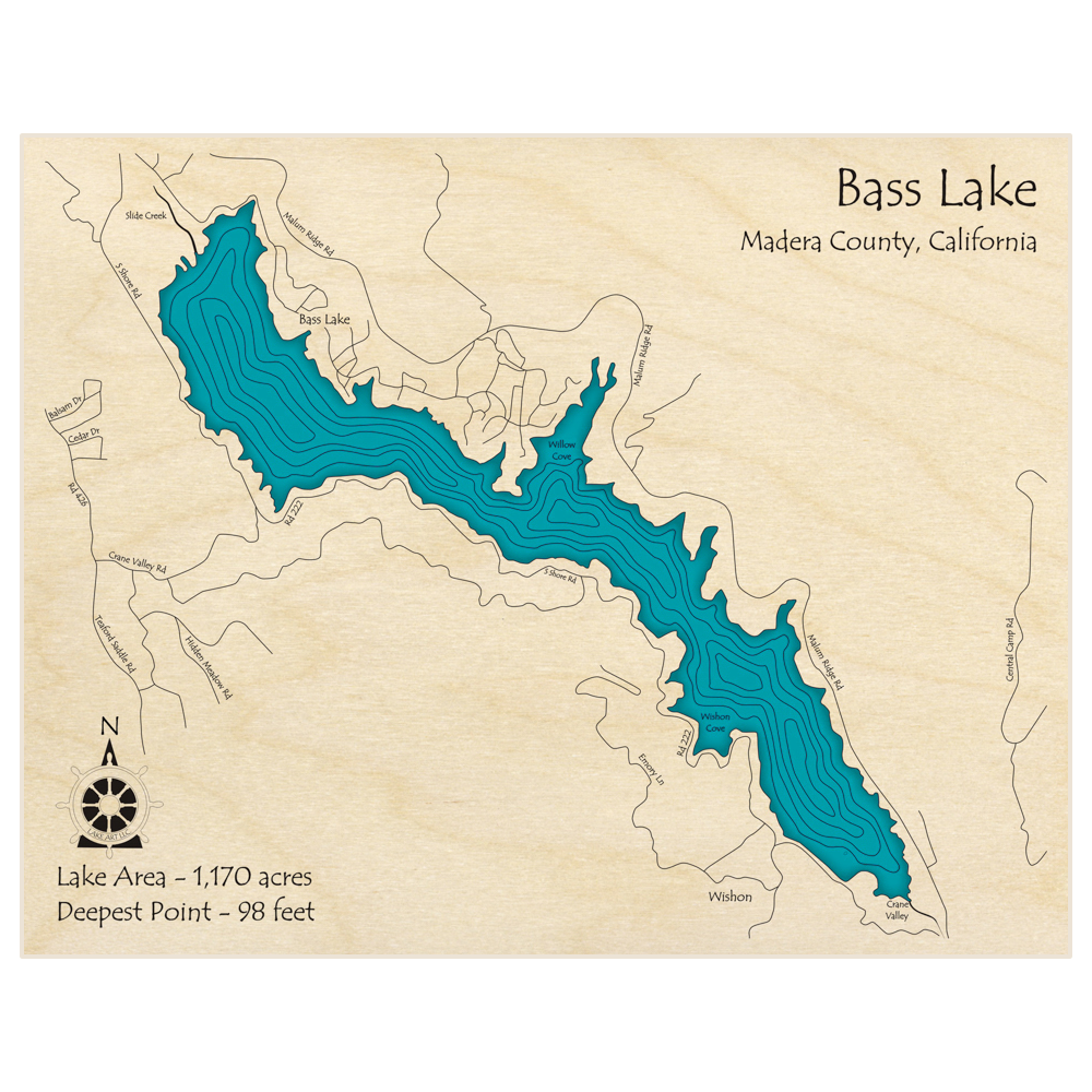 Bathymetric topo map of Bass Lake  with roads, towns and depths noted in blue water