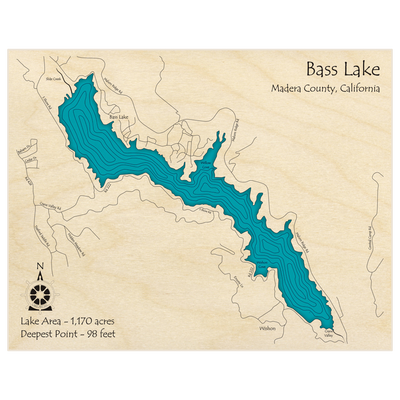 Bathymetric topo map of Bass Lake  with roads, towns and depths noted in blue water