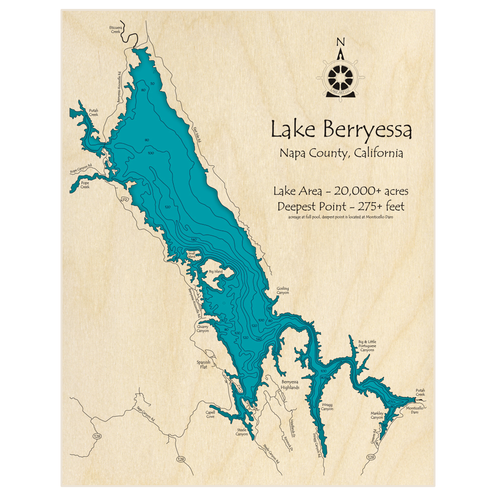 Bathymetric topo map of Lake Berryessa with roads, towns and depths noted in blue water