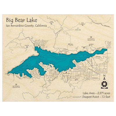 Bathymetric topo map of Big Bear Lake with roads, towns and depths noted in blue water