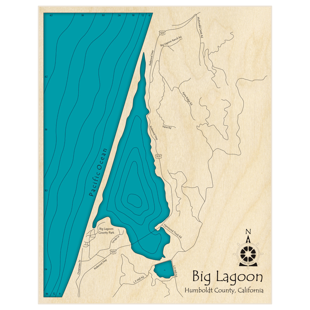 Bathymetric topo map of Big Lagoon  with roads, towns and depths noted in blue water