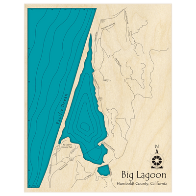Bathymetric topo map of Big Lagoon  with roads, towns and depths noted in blue water