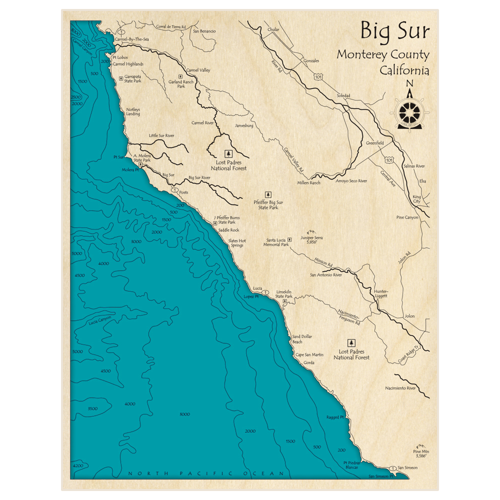 Bathymetric topo map of Big Sur with roads, towns and depths noted in blue water