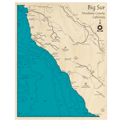 Bathymetric topo map of Big Sur with roads, towns and depths noted in blue water