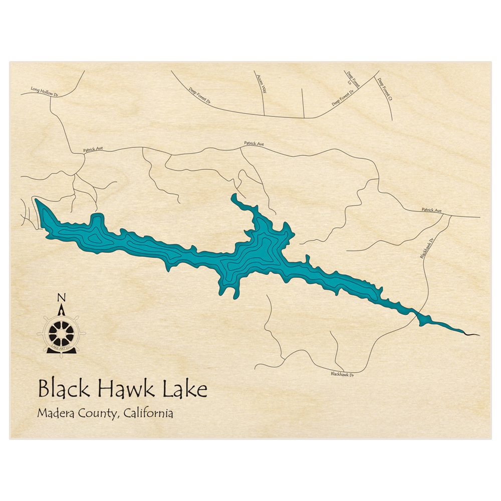 Bathymetric topo map of Black Hawk Lake  with roads, towns and depths noted in blue water
