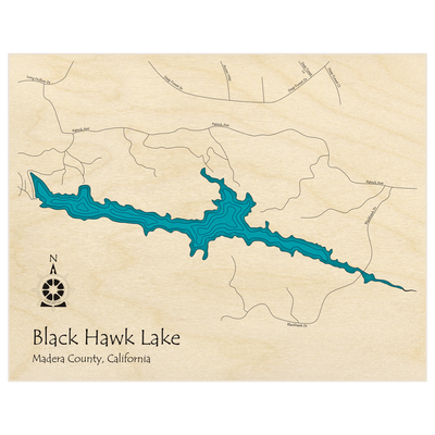 Bathymetric topo map of Black Hawk Lake  with roads, towns and depths noted in blue water