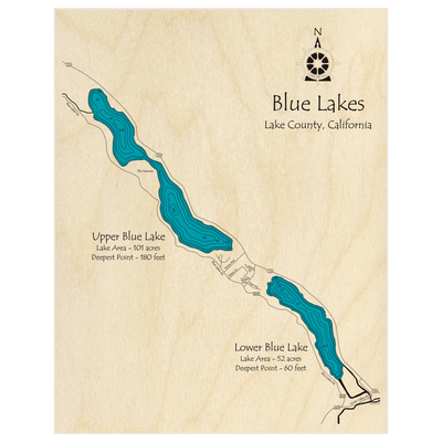 Bathymetric topo map of Upper and Lower Blue Lakes with roads, towns and depths noted in blue water