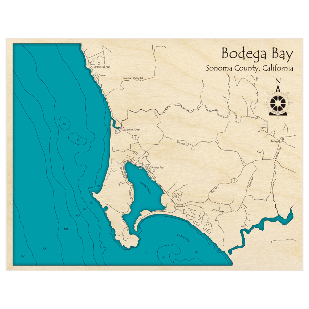 Bathymetric topo map of Bodega Bay (Zoomed In) with roads, towns and depths noted in blue water