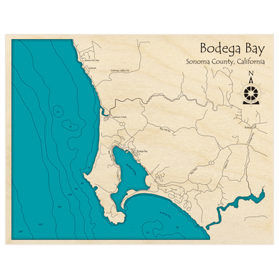 Bathymetric topo map of Bodega Bay (Zoomed In) with roads, towns and depths noted in blue water