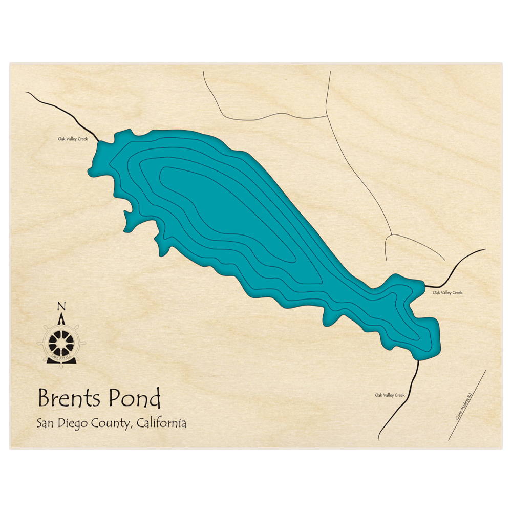 Bathymetric topo map of Brents Pond  with roads, towns and depths noted in blue water