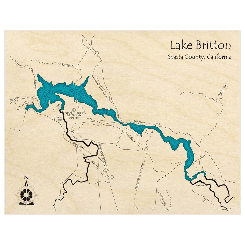 Bathymetric topo map of Lake Britton  with roads, towns and depths noted in blue water